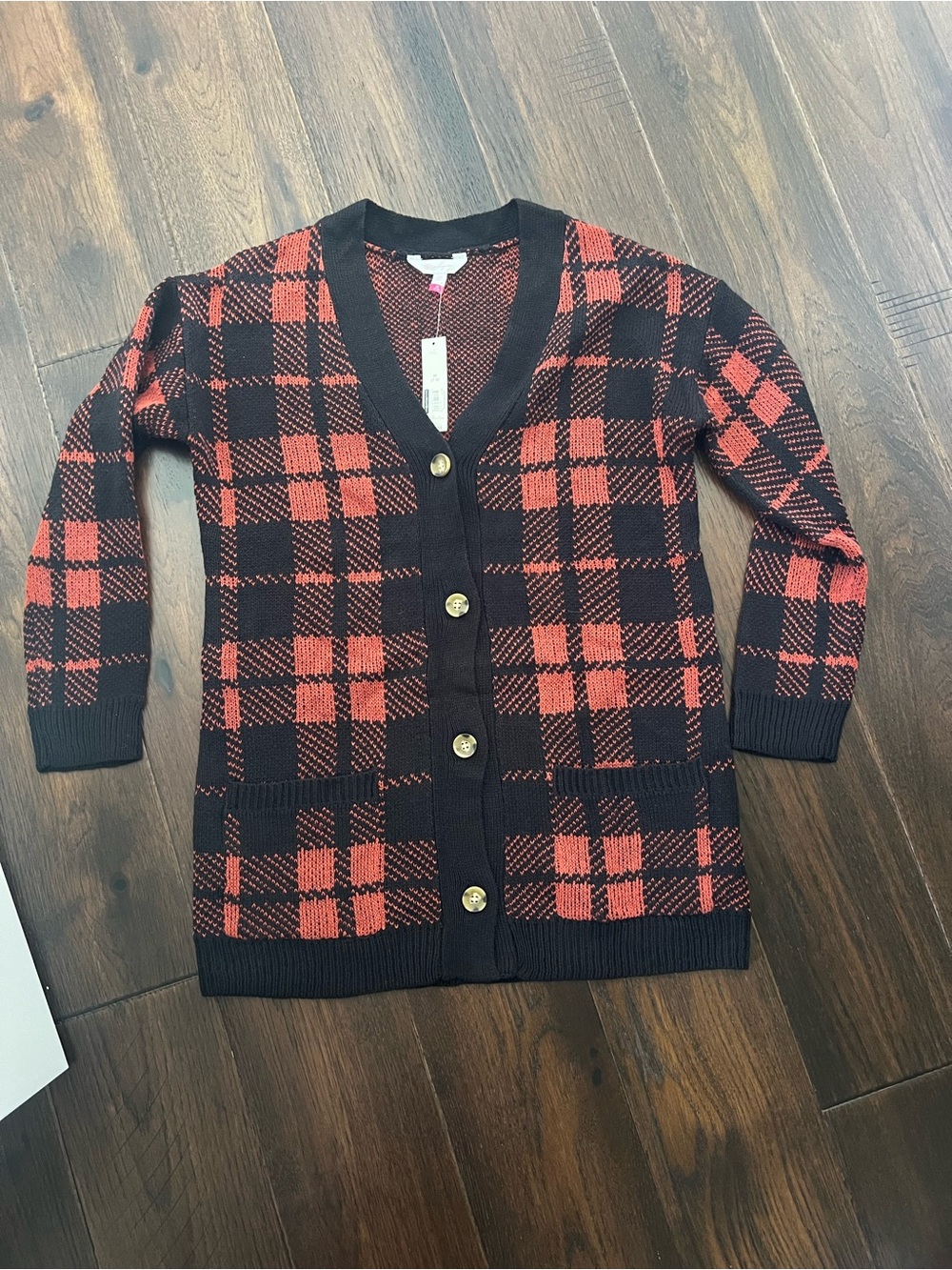 Plaid V-Neck Button Cardigan Sweater - Red & Black